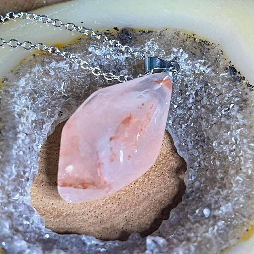 Fire quartz Freeform pink 1.25” pendant silver plated stainless steel silver pla